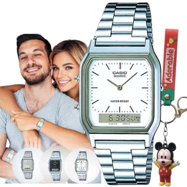 Imagem de Relógio Pulso Casio Unissex Vintage Feminino Masculino Pequeno Quadrado Digital Analógico Prova Dágua 3 ATM Prata AQ-230A + Chaveiro