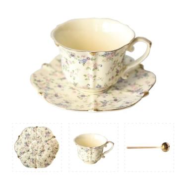 Imagem de Conjunto de xícara de chá e pires de porcelana floral vintage com colher, acabamento dourado, 181 g - conjunto de 1, bege - xícaras de chá, café expresso e café (1, bege)