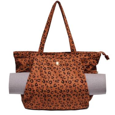 Imagem de ESVAN Bolsa de ioga para mulheres, bolsa de ombro com cordão para escritório, treino, viagem, transporte, pilates, academia e praia (estampa de leopardo marrom de veludo cotelê)