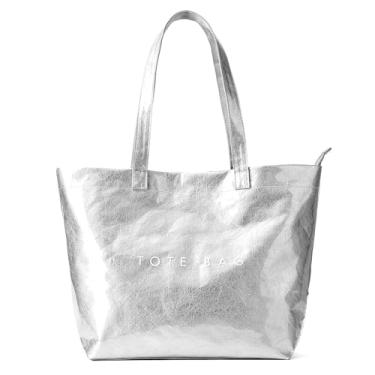 Imagem de KALIDI Sacola de PVC com zíper, bolsa de praia de papel kraft, grande, Hobo, para todas as viagens, compras, bolsa de ombro de plástico, Prata., Large