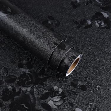 Imagem de VaryStyle Papel de parede preto descasque e cole papel de parede texturizado em relevo de seda papel de contato preto para armários e gavetas autoadesivo removível adesivo em papel de parede para