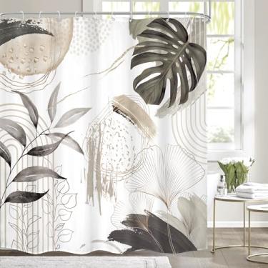 Imagem de Mitpok Cortina de chuveiro cinza Boho 72Lx72H folhas de palmeira tropicais boêmio botânico abstrato moderno meados do século decoração de banheiro planta geométrica minimalista cinza tecido poliéster