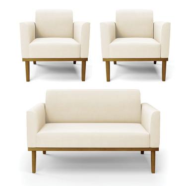 Imagem de Sofá Namoradeira Com 2 Poltronas Base De Madeira Fixa Castanho Marisa Veludo Bege D03 - D?rossi