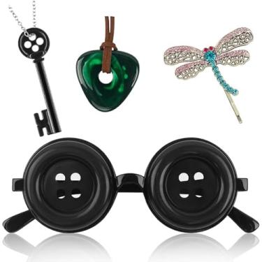 Imagem de Mdswjdcw 4 peças de acessórios adequados para fantasia de cosplay Coraline, óculos de botão de olhos, colar de chave, clipe de cabelo, conjunto de pedra verde, mercadoria de Halloween, presente de