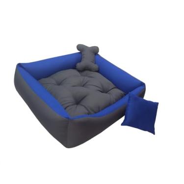 Imagem de Cama Para Cachorros/Tamanhos, P .M. G (Vai CAPA COM ZÍPER Para a Almofada Central e Com Brinquedos que são uma amlfadinhas e um ossinho) (Cinza e azul, Médio)