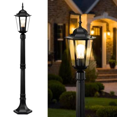 Imagem de Luminária de poste externa de 106,7 cm, lâmpada preta à prova d'água com fio com vidro transparente, poste de alumínio de altura ajustável para quintal, jardim, garagem
