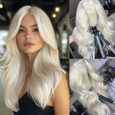 Imagem de Byluxurious Peruca de cabelo humano platinado champanhe loiro pré-arrancado ondulado prata cinza branco 613 loiro UHD transparente T parte frontal perucas para mulheres cabelo humano real 55 cm 180%