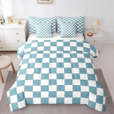 Imagem de Erosebridal Jogo de cama queen xadrez azul branco com lençol de 7 peças, quadriculado buffalo, xadrez, lençol com lençol com lençol de xadrez e adolescentes e adolescentes, conjunto de cama guingão