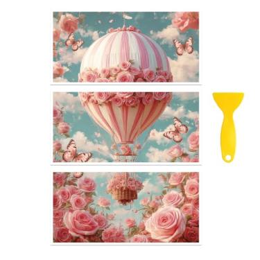 Imagem de Peacoblue Adesivo decalque de transferência para decoração de móveis artesanato 15 x 30 cm rosa e balão de ar quente, 3 peças à prova d'água UV DTF transferência para gaveta cômoda vidro porcelana