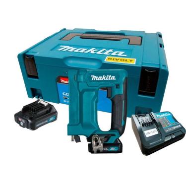 Imagem de Grampeador Coroa 10mm 150 Pçs Sem Fio 12v Com 2 Baterias Carregador Gancho Maleta St113dsaj Makita