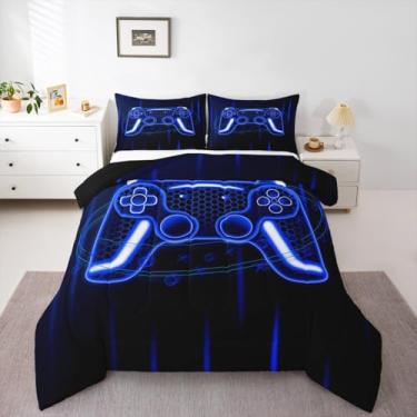 Imagem de Erosebridal Jogo de cama solteiro com controle de videogame, para crianças, meninos, meninas, 3D, joysticks, neon, hexágono, geométrico, azul, edredom para decoração de quarto