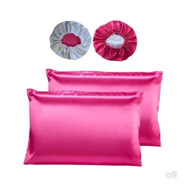 Imagem de Kit 02 Fronhas E 02 Toucas Cetim Antifrizz Pink/Branco