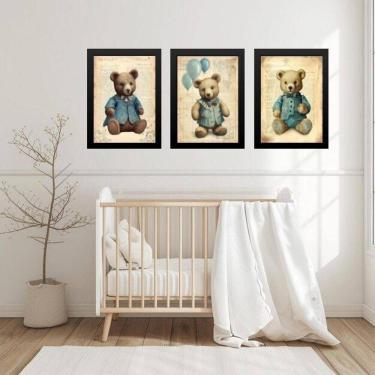 Imagem de Kit 3 Quadros Quarto Bebê Ursos Vintage 45X34Cm - Com Vidro