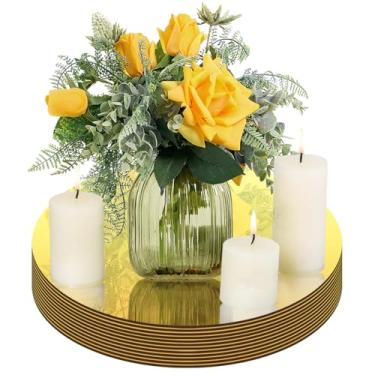 Imagem de Placas centrais espelhadas redondas, vidro acrílico, pacote com 12, bandeja decorativa circular para mesa de casamento, festa, decoração de Natal (ouro - 20 cm)