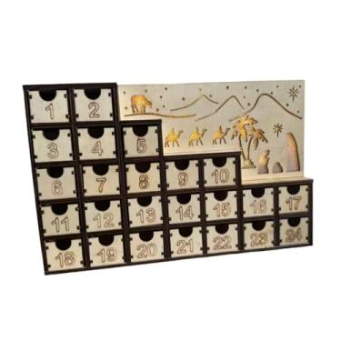 Imagem de oshhni Calendário do Advento de Natal em madeira com 24 gavetas, centro de mesa com luzes LED, presépio para festa de festival e feriado