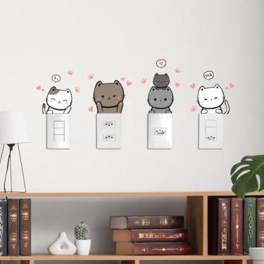 Imagem de Adesivo para Tomada Gatos 05 Cute Rosa com Óculos Kit 4 para Interruptor e Tomada Decoração de Parede Quarto Sala Cozinha Estrelas Fácil Aplicação
