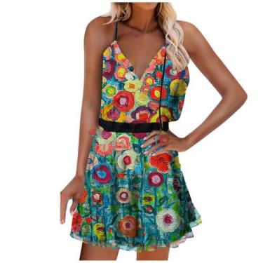 Imagem de Vestido feminino casual estampado com decote em V sem mangas - HUOGUO