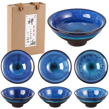 Imagem de Skyley Conjunto de 6 peças de copos de soju coreano, copos de porcelana, xícaras de cerâmica coreana, acessórios de chá, utensílios de bebida, cerâmica artesanal (azul, padrão de céu estrelado)