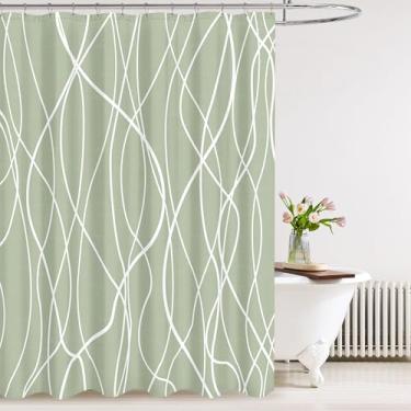 Imagem de Tititex Conjunto de cortina de banho de linho sintético pesado 140 g tecido texturizado com padrão de curva branca sálvia 182 x 182 cm cortinas de banheiro resistentes à água, bainha ponderada e