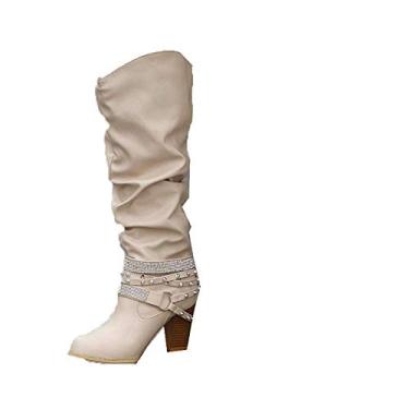 Imagem de Bigfanshu Botas femininas de cano alto liso bico fino salto quadrado botas até o joelho moda feminina vestido atlético fecho ocasião sapatos tornozelo e botinha Chelsea Boots, Branco, 9.5