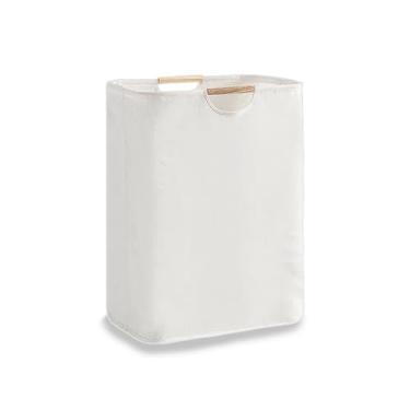 Imagem de Cesto de roupa suja dobrável com alças de madeira – cesto de armazenamento de pano Oxford impermeável de grande capacidade de 55 litros, moldura independente sem arame, para dormitório, quarto