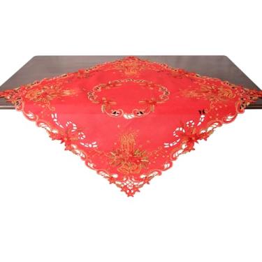Imagem de Grelucgo Toalha de mesa pequena bordada de inverno elegante, borda de renda floral prateada, capa de mesa decorativa quadrada (vermelha)