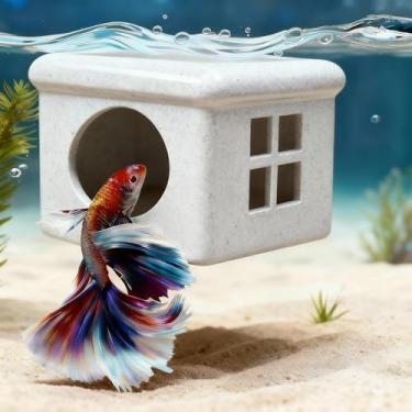 Imagem de CPLIKE Esconderijo flutuante para peixes Betta cinza mármore com janela – Abrigo de aquário 3D e plataforma de alimentação – Caverna de descanso Betta para decoração de aquário (9,3 cm x 7,3 cm x 5,5