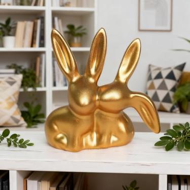 Imagem de Estatueta de coelho de casal dourado - Estátua de resina estética exclusiva | para casa, escritório, prateleira e entrada | Decoração ideal de férias para Páscoa, Natal e mais, ornamento de coelho