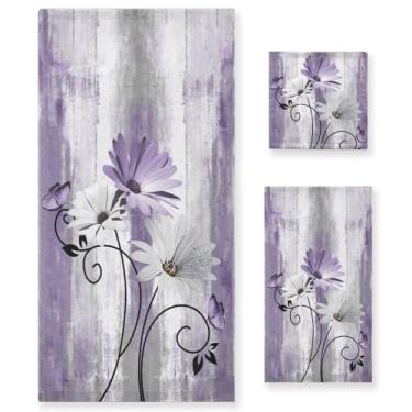 Imagem de AIYOOLER Conjunto de toalhas de banho de borboleta branca roxa, conjunto de 3 peças de toalhas rústicas macias de margarida floral, 1 toalha de banho, 1 toalha de mão, 1 toalha, toalhas de banheiro