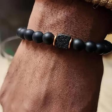 Imagem de Pulseira masculina Energy Lava Rock Tigers Eye Beads com pedras naturais elásticas de 8 mm, one size, Resina, labradorita branca
