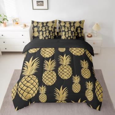 Imagem de jejeloiu Conjunto de edredom infantil de abacaxi, 7 peças, frutas tropicais, cama de verão, bolsa com lençóis, capas de almofada, fronhas para quarto feminino e masculino, dourado e preto macio