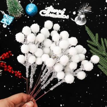 Imagem de 5 peças, 8 cabeças, com glitter, bagas, caules artificiais, de bagas, galhos para enfeites de árvore de Natal, faça você mesmo, grinalda e decoração de casa (20 x 4 cm)