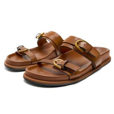 Imagem de Sandálias femininas com fivela dupla, confortável, larga, bico aberto, sem cadarço, sem cadarço, verão, casual, resort, praia, sapatos, Marrom, 34