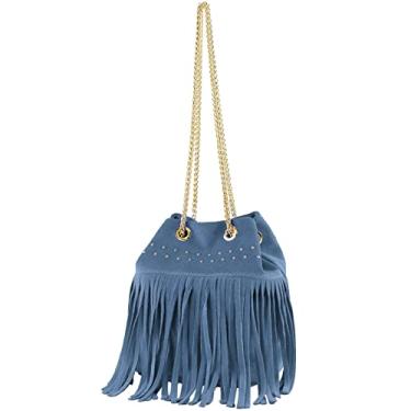 Imagem de modamoda de Bolsa de ombro feminina T244 camurça com franjas e corrente dourada feita à mão na Itália, Jeans azul, Small