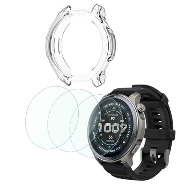 Imagem de FCMEDZI Protetor de tela para smartwatch compatível com Amazfit Balance 2, capa transparente de TPU macio e película protetora de vidro temperado (pacote com 3+1)