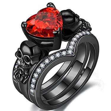 Imagem de GTISKL Conjunto de anéis pretos de crânio gótico feminino rosa flor vermelha roxa coração amor zircão cristal Natal aniversário noivado dia das mães presente coquetel festa motociclista joias, Preto, dourado, Zircônia cúbica