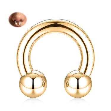 Imagem de FUNLMO Joia de septo, anéis de septo, ferradura, anel de nariz, barra circular, esticada, piercing de nariz, joia com rosca interna, anel PA G23, titânio, 4G, 12 mm, ouro