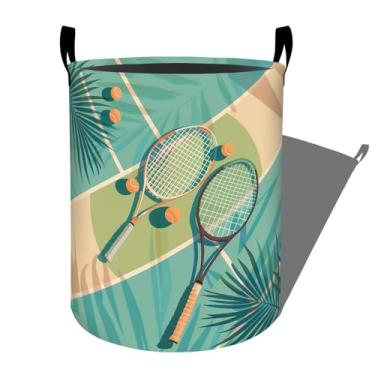 Imagem de Raquetes e bolas de tênis tropical, cesto de roupa suja com alças, 50 x 39,9 cm, organizador de cesto de roupa suja dobrável para dormitório, berçário, quarto, decoração de banheiro, caixa de