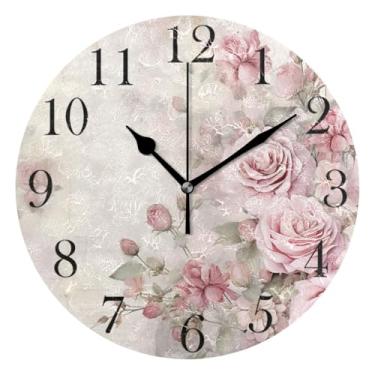 Imagem de ALAZA Relógio de parede com flor rosa rosa operado por bateria relógio de cozinha 24 cm relógio de banheiro sem tique-taque redondo decorativo relógio de mesa quarto sala de estar decoração