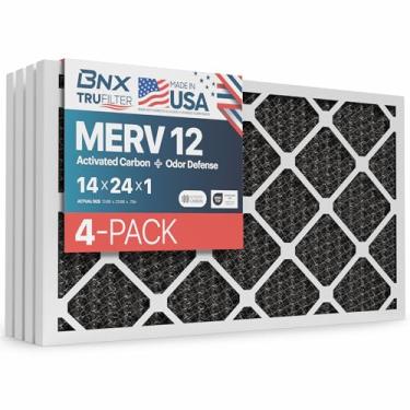 Imagem de BNX Filtro de ar TruFilter para forno CA 14 x 24 x 1 MERV 12 (pacote com 4) com carvão ativado – Feito nos EUA – Filtros plissados de ar condicionado HVAC AC – Remove odor, mofo, bactérias, fumaça
