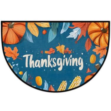 Imagem de Tapete de porta meio redondo, azul, abóbora, ação de graças, antiderrapante, absorvente, semicírculo, tapetes laváveis, meia lua, para ambientes internos, pátio, cozinha, banheiro, entrada, lareira