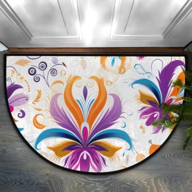 Imagem de Tapete de porta meio redondo, floral, colorido, paisley, antiderrapante, absorvente, semicírculo, tapetes laváveis, para ambientes internos e externos, pátio, cozinha, banheiro, entrada, lareira