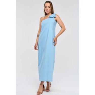 Imagem de Vestido Midi PKS Um Ombro Só Linho Azul-Feminino