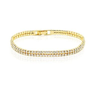 Imagem de MUSEQVE Pulseira de tênis de zircônia cúbica banhada a ouro 14K 5A 2 mm em camadas de duas correntes para mulheres CZ Diamond Classic Elegnat joias modernas presentes de casamento [TBR-22], 7 Inches