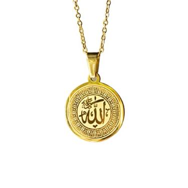 Imagem de ZUDO Colar medalhão Allah – ouro 18 K, ouro rosa 18 K, ródio prata e aço inoxidável revestido com PVD preto - corrente de cabo de 1 mm e corrente de freio de 3 mm - colar islâmico para homens e