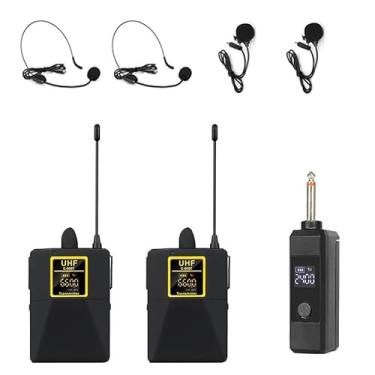 Imagem de MICVISTA Pacote com 2 sistemas de microfone sem fio de 2,4 G, transmissor com 2 fones de ouvido e 2 microfones de lapela para entrevista, ensino, gravação em smartphone, câmera, PC