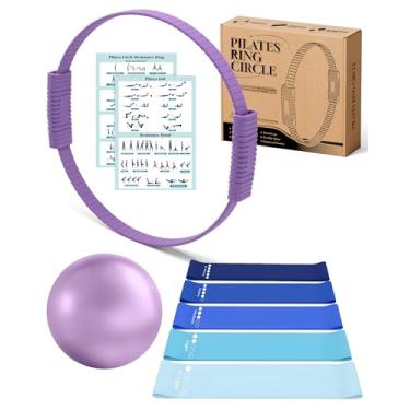 Imagem de Conjunto de anéis de pilates, kit de pilates para mulheres, conjunto de anel e bola de pilates, círculo mágico, argola com 5 faixas de resistência compactas tonificação fitness Essentials conjunto