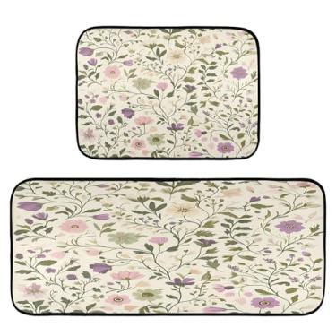 Imagem de Qilmy Tapetes de cozinha vintage lindas flores silvestres 2 peças, tapete de entrada frontal, antiderrapante, alivia a fadiga, lavável, tapete para cozinha, quarto, varanda587
