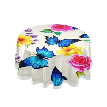 Imagem de Qilmy Toalha de mesa redonda borboleta azul 152 cm, resistente à água, à prova de derramamento, capa de mesa grande para jantar de reunião de família em ambientes internos e externos, festa de
