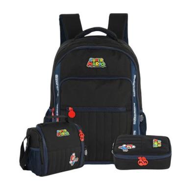 Imagem de Kit Mochila Costas Super Mario Bros Lancheira E Estojo Box, Preto